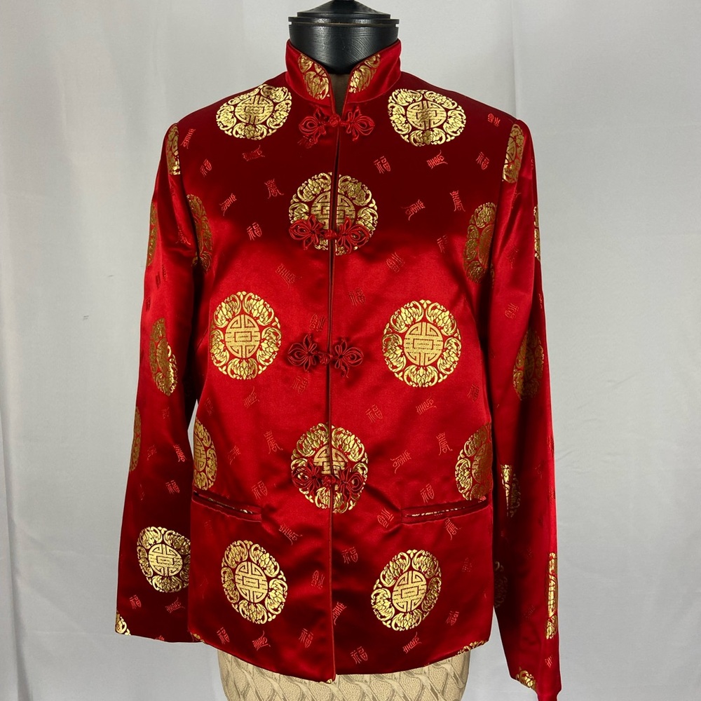 Jenni Red and Gold Silk Blazer with Intricate Patterns